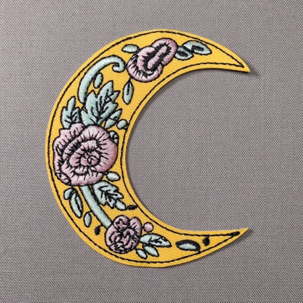 Yellow Crescent Moon Rose Floral Iron On Patch